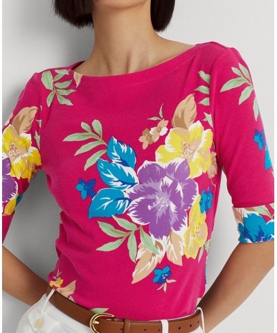 Women's Floral Stretch Cotton T-Shirt Pink Multi $33.36 Tops