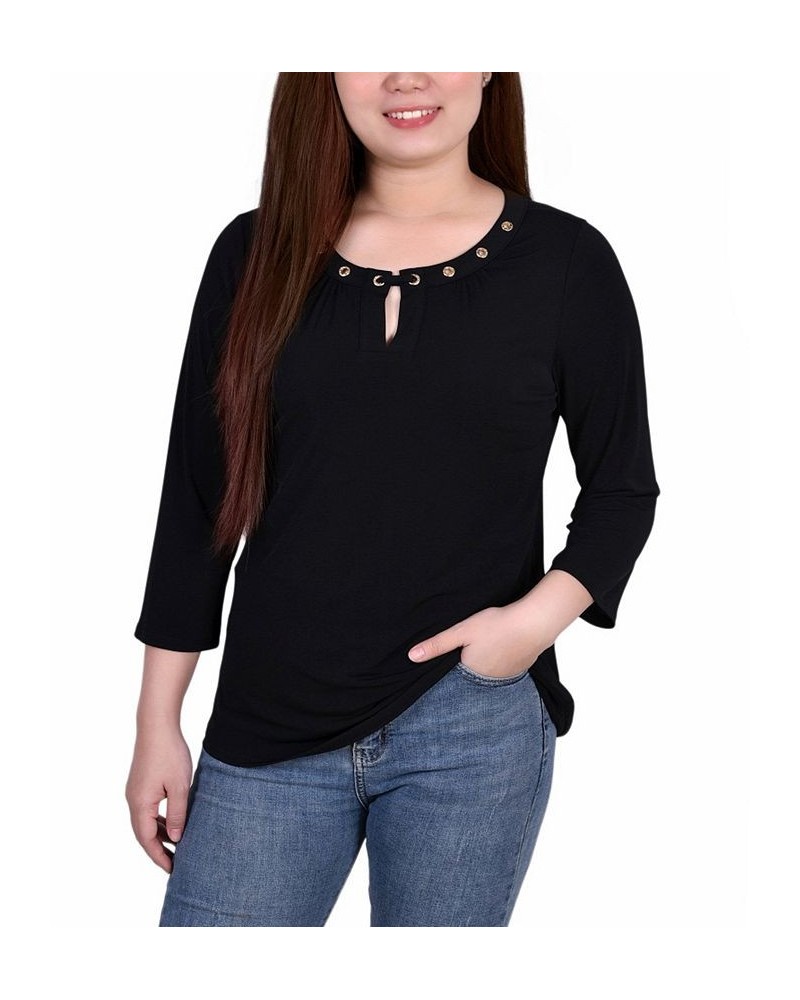 Petite Size 3/4 Sleeve Grommet Top Black $14.88 Tops