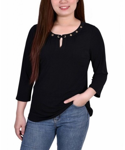 Petite Size 3/4 Sleeve Grommet Top Black $14.88 Tops