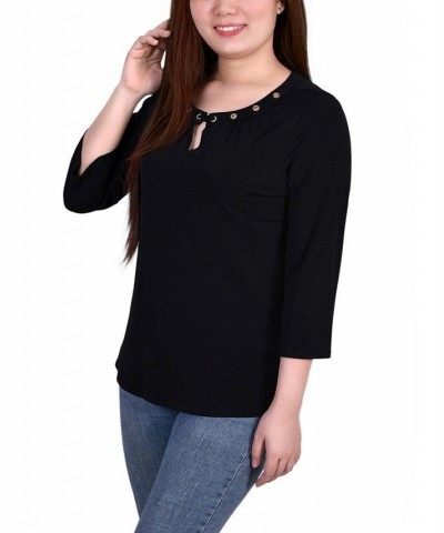 Petite Size 3/4 Sleeve Grommet Top Black $14.88 Tops