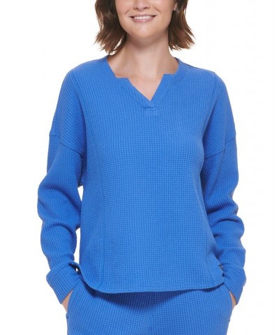 Women's Chunky Waffle-Knit Drop-Shoulder Top Blue $21.47 Tops