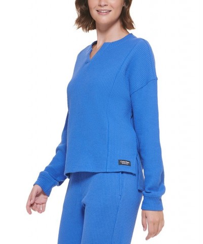 Women's Chunky Waffle-Knit Drop-Shoulder Top Blue $21.47 Tops