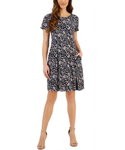 Women's Printed Round-Neck Short-Sleeve Dress Navy $39.50 Dresses