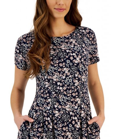 Women's Printed Round-Neck Short-Sleeve Dress Navy $39.50 Dresses