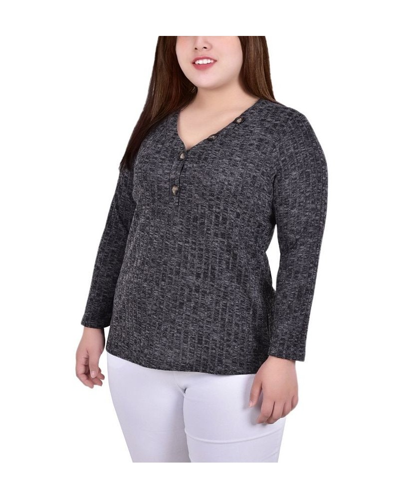 Plus Size Long Sleeve Ribbed Henley Black $12.56 Tops