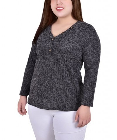 Plus Size Long Sleeve Ribbed Henley Black $12.56 Tops