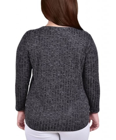 Plus Size Long Sleeve Ribbed Henley Black $12.56 Tops