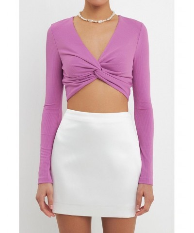 Women's Front Twist Cropped Long Sleeve Top Purple $34.30 Tops