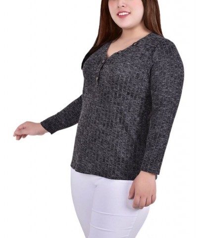 Plus Size Long Sleeve Ribbed Henley Black $12.56 Tops