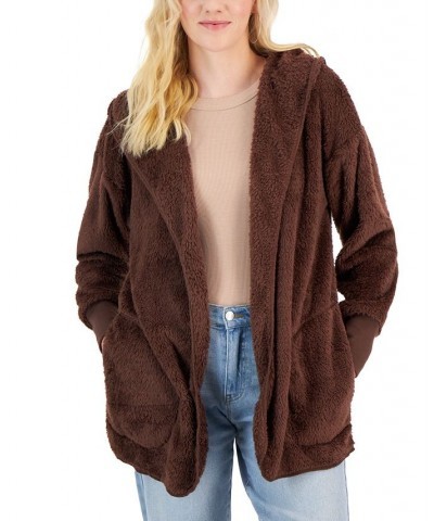 Juniors' Cozy Open-Front Hoodie Cardigan Brown $15.42 Sweaters