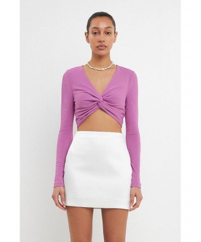 Women's Front Twist Cropped Long Sleeve Top Purple $34.30 Tops