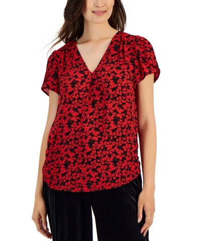 Women's Printed V-Neck Tulip-Sleeve Top Black/ruby $26.26 Tops