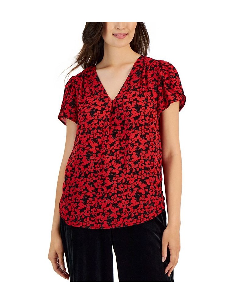 Women's Printed V-Neck Tulip-Sleeve Top Black/ruby $26.26 Tops