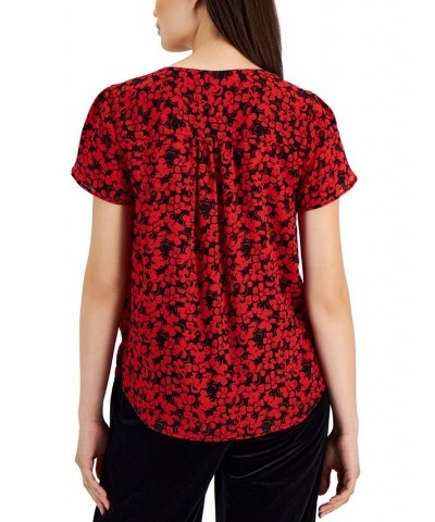 Women's Printed V-Neck Tulip-Sleeve Top Black/ruby $26.26 Tops