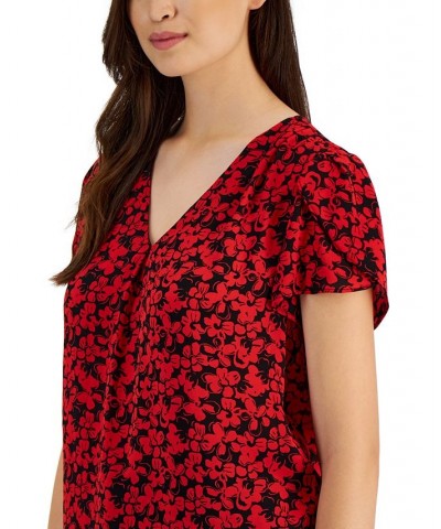 Women's Printed V-Neck Tulip-Sleeve Top Black/ruby $26.26 Tops