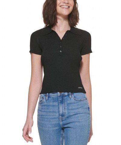 Petite Ribbed Polo Shirt Black $20.85 Tops