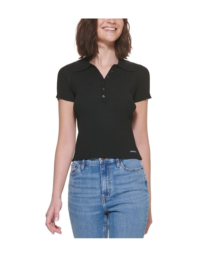 Petite Ribbed Polo Shirt Black $20.85 Tops