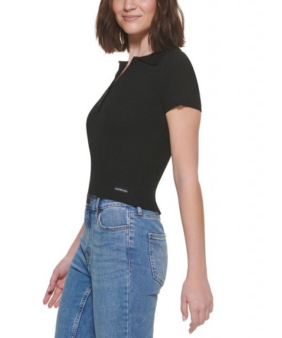 Petite Ribbed Polo Shirt Black $20.85 Tops