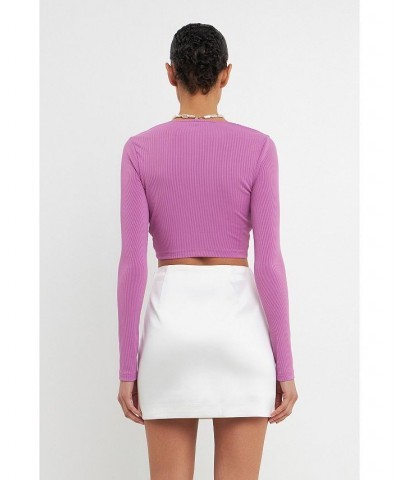 Women's Front Twist Cropped Long Sleeve Top Purple $34.30 Tops