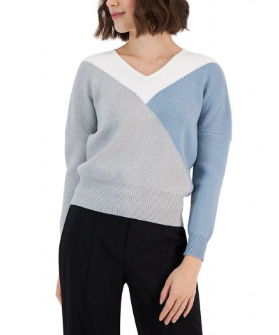 Women's Colorblocked V-Neck Long-Sleeve Sweater Antique Blue $30.53 Sweaters