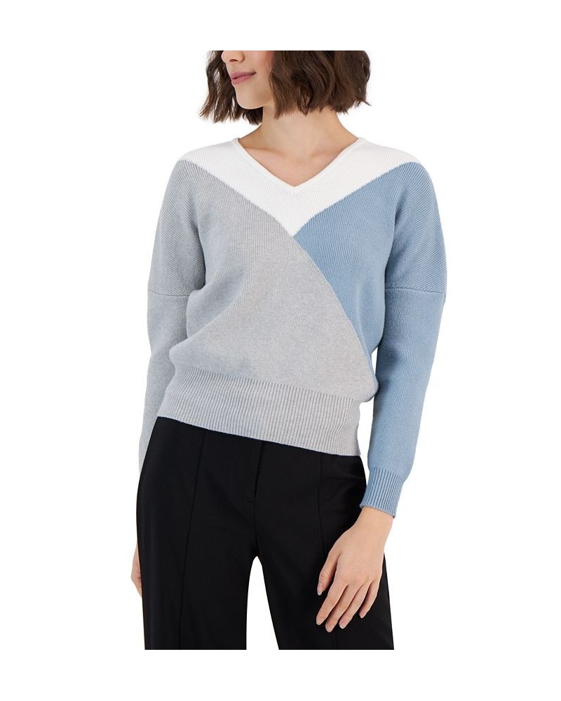 Women's Colorblocked V-Neck Long-Sleeve Sweater Antique Blue $30.53 Sweaters