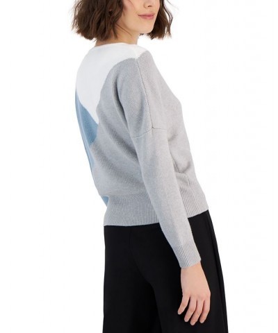 Women's Colorblocked V-Neck Long-Sleeve Sweater Antique Blue $30.53 Sweaters