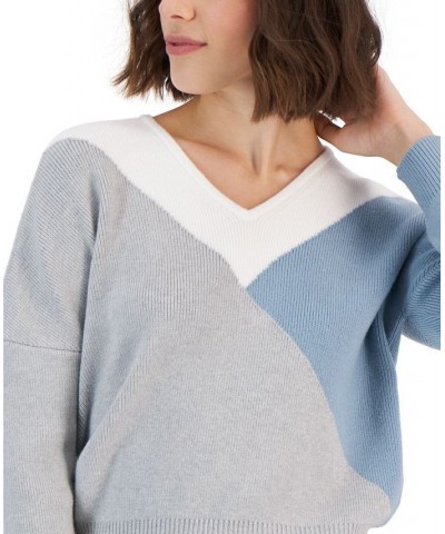 Women's Colorblocked V-Neck Long-Sleeve Sweater Antique Blue $30.53 Sweaters