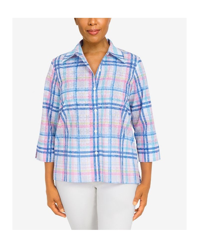 Women's Classics Burnout Plaid 3/4 Sleeve Button Down Top Multi $34.75 Tops