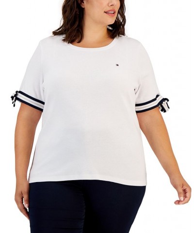 Plus Size Cotton Tie-Sleeve Tee White $22.35 Tops