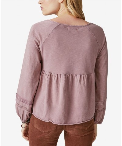 Women's Textured Smocked Long-Sleeve Babydoll Top Pink $30.11 Tops