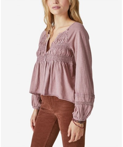 Women's Textured Smocked Long-Sleeve Babydoll Top Pink $30.11 Tops