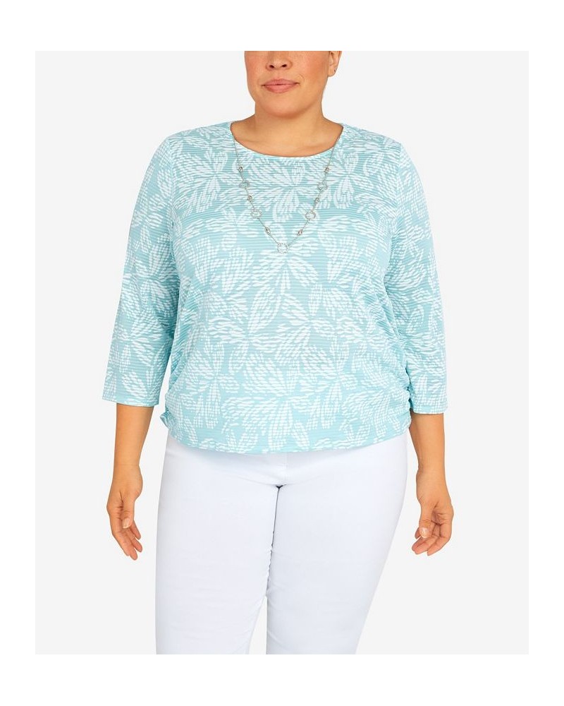 Plus Size Classic Floral Jacquard Butterfly Knit Top with Necklace Blue $29.40 Tops