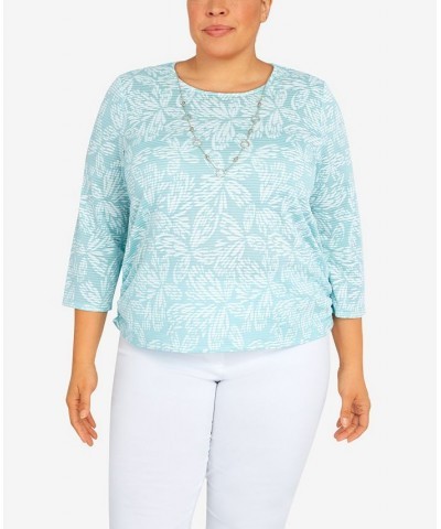 Plus Size Classic Floral Jacquard Butterfly Knit Top with Necklace Blue $29.40 Tops