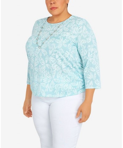 Plus Size Classic Floral Jacquard Butterfly Knit Top with Necklace Blue $29.40 Tops