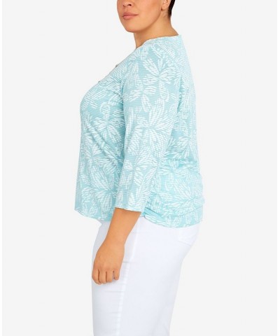 Plus Size Classic Floral Jacquard Butterfly Knit Top with Necklace Blue $29.40 Tops