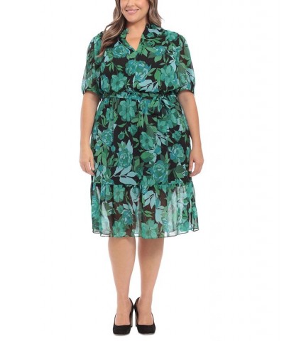 Plus Size Chiffon Belted Ruffled-Hem Dress Green/Black $59.50 Dresses