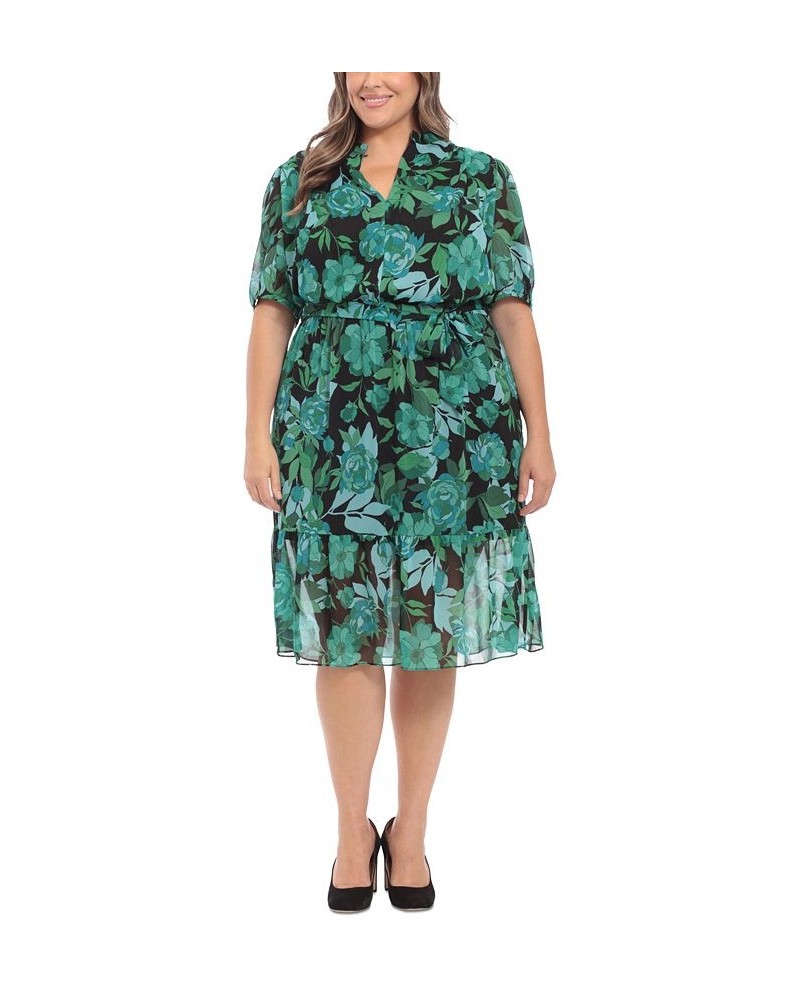 Plus Size Chiffon Belted Ruffled-Hem Dress Green/Black $59.50 Dresses