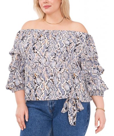 Plus Size Snake-Print Off-The-Shoulder Balloon-Sleeve Blouse Blue Cloud $47.17 Tops