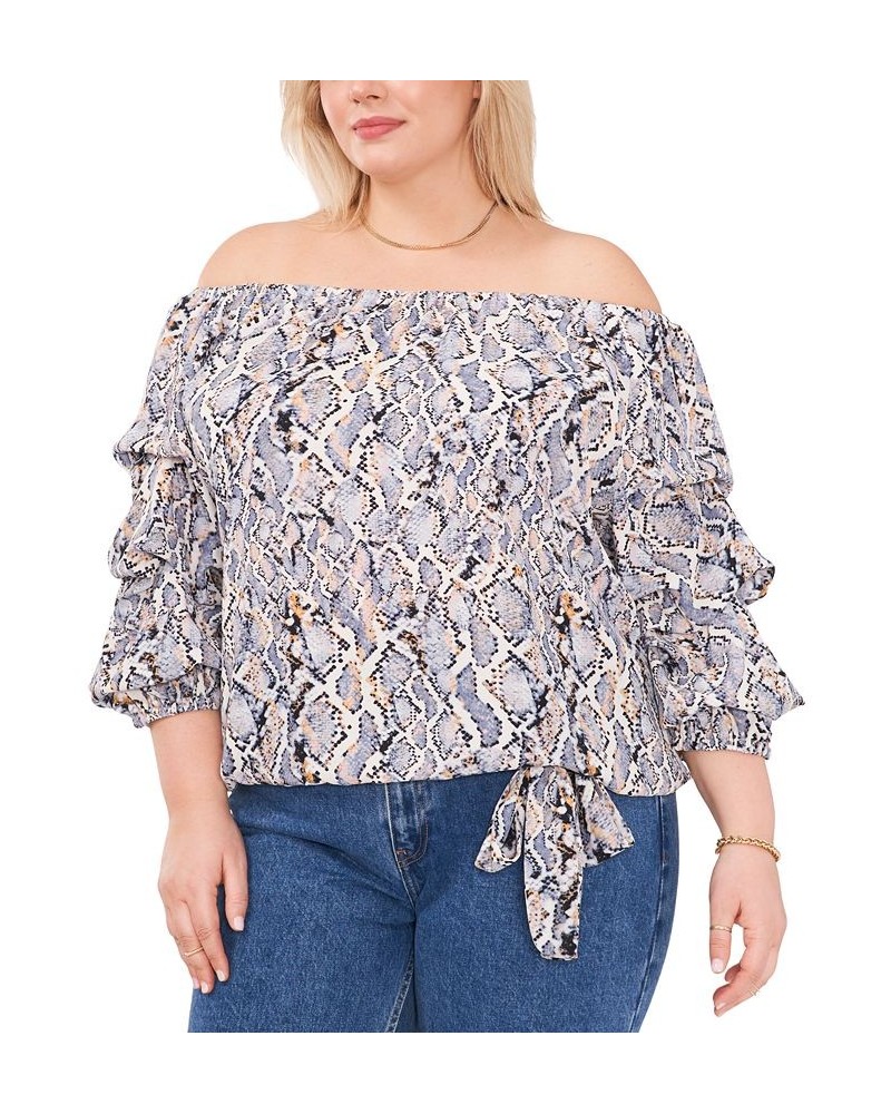 Plus Size Snake-Print Off-The-Shoulder Balloon-Sleeve Blouse Blue Cloud $47.17 Tops