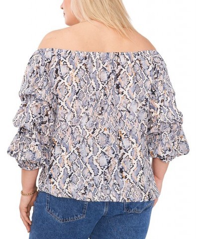 Plus Size Snake-Print Off-The-Shoulder Balloon-Sleeve Blouse Blue Cloud $47.17 Tops