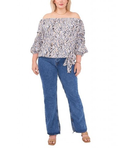 Plus Size Snake-Print Off-The-Shoulder Balloon-Sleeve Blouse Blue Cloud $47.17 Tops