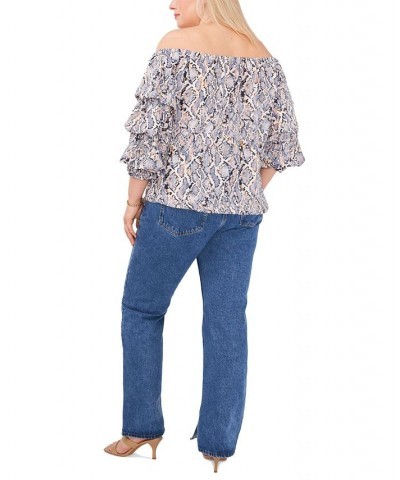 Plus Size Snake-Print Off-The-Shoulder Balloon-Sleeve Blouse Blue Cloud $47.17 Tops