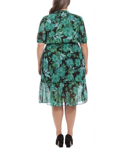 Plus Size Chiffon Belted Ruffled-Hem Dress Green/Black $59.50 Dresses