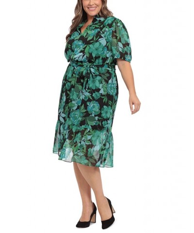 Plus Size Chiffon Belted Ruffled-Hem Dress Green/Black $59.50 Dresses