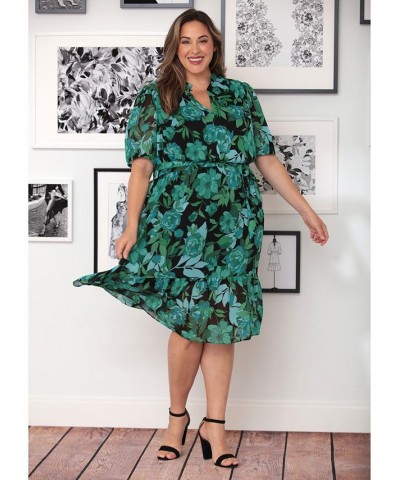 Plus Size Chiffon Belted Ruffled-Hem Dress Green/Black $59.50 Dresses