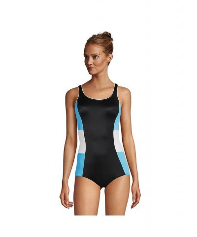 Women's Long Scoop Neck Soft Cup Tugless Sporty One Piece Swimsuit Black/Turquoise/White $35.02 Swimsuits