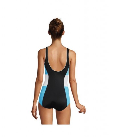 Women's Long Scoop Neck Soft Cup Tugless Sporty One Piece Swimsuit Black/Turquoise/White $35.02 Swimsuits