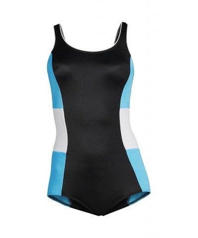 Women's Long Scoop Neck Soft Cup Tugless Sporty One Piece Swimsuit Black/Turquoise/White $35.02 Swimsuits