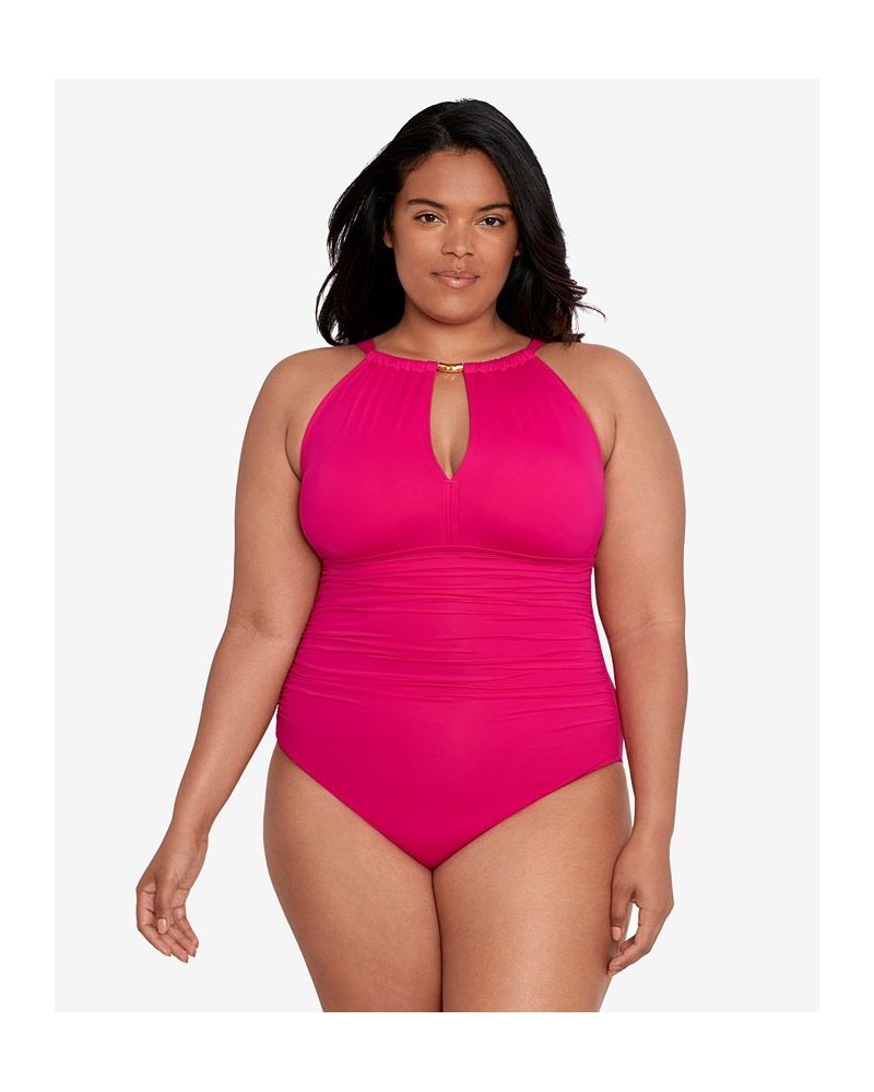 Plus Size Halter-Neck One Piece Swimsuit Pink $81.60 Swimsuits