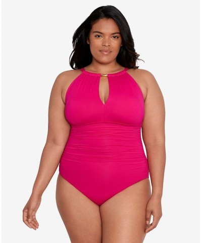 Plus Size Halter-Neck One Piece Swimsuit Pink $81.60 Swimsuits